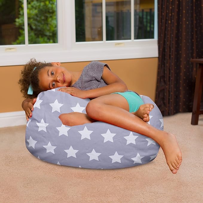 Posh Creations Bean Bag Chair for Kids, Teens, and Adults Includes Removable and Machine Washable Cover, Canvas White Stars on Gray, 27in - Medium - LeafyLoom