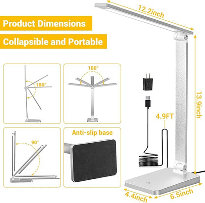 LED Desk Lamp for Home Office, 3 Levels Dimmable Desk Light with USB Charging Port, Small Study Lamp, Reading Light for Table, Sliver, 5000K - LeafyLoom