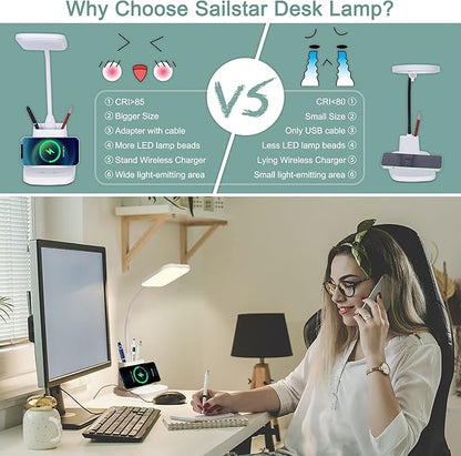 Sailstar Upgraded LED Desk Lamp with Wireless Charger, White Small Desk Light with Pen Holder, 3 Color Modes, CRI 85, 800 Lumen, Study Lamps for College Dorm Room, Home Office, Adapter Included - LeafyLoom