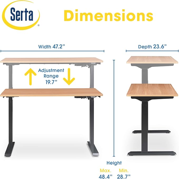 Serta Creativity Electric Height Adjustable Desk, 47" Inch Wood Desktop Sit Stand Table for Office, Work from Home Furniture, Easy to Assemble, Light Brown - LeafyLoom