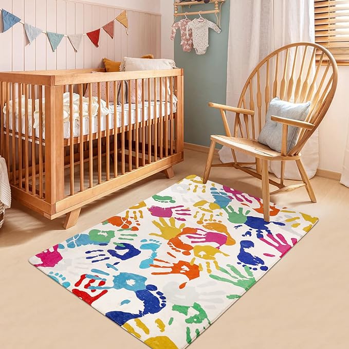 Handprints and Footprints Kids Rug for Playroom, 3'x5' Washable Colorful Nursery Rug for Boys and Girls Room, Ultra Soft Non-Slip Carpet Indoor Mat for Classroom Bedroom - LeafyLoom