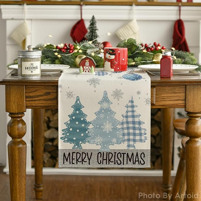 Artoid Mode Blue Pine Trees Merry Christmas Table Runner, Winter Xmas Holiday Kitchen Dining Table Decoration for Home Party Decor 13x48 Inch ArtoidMode