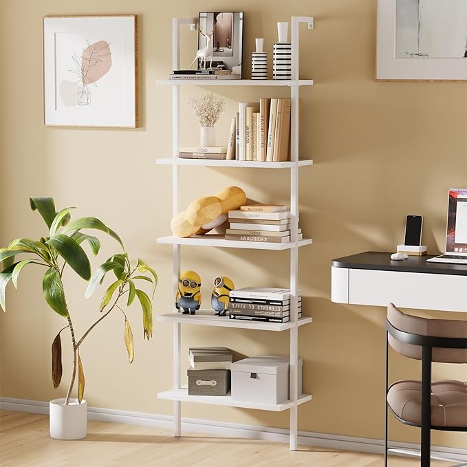 aboxoo Ladder Shelf White Wooden Bookshelf 5-Tier Wall-Mounted Open Wood Rack Industrial Modern Plant Flower Stand Utility Organizer Bookcase Metal Frame Furniture Office Kitchen Bedroom - LeafyLoom