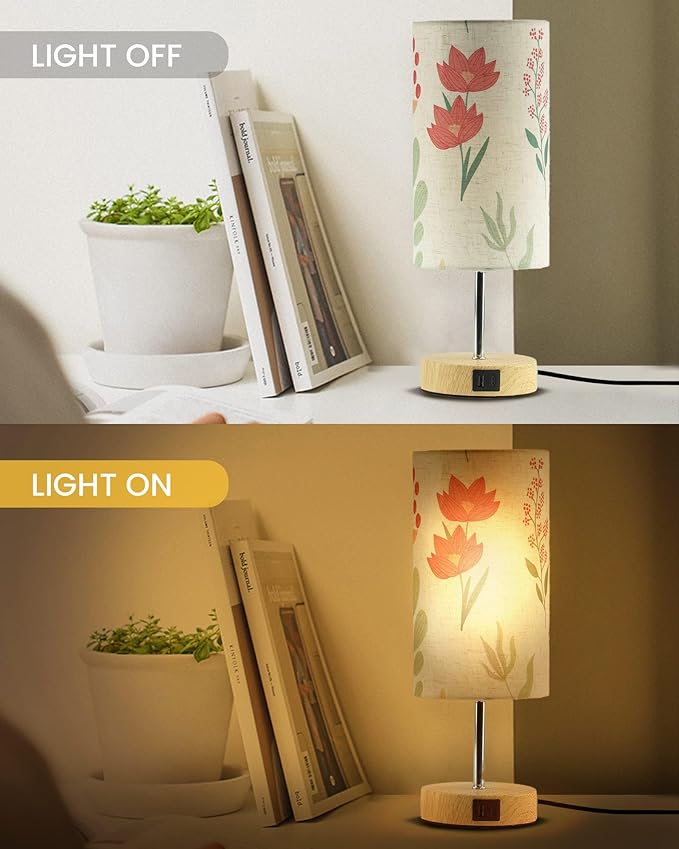 Touch Control Desk Lamp with 2 USB Ports, 3-Way Dimmable Bedside Lamp for Bedroom, Nightstand Lamp with Round Flower Fabric Shade for Living Room, Home Office (White-double) - LeafyLoom