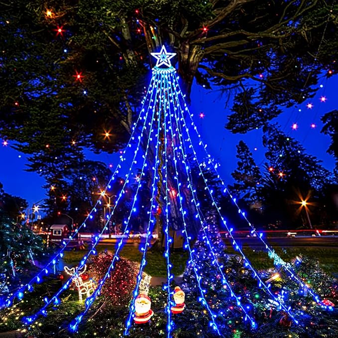 Aokudoni Christmas Lights Outdoor, 12.6FT 350 LED Blue Waterfall Lights Christmas Decorations, 8 Modes Christmas Lights for Tree, Outside Christmas Decorations for Yard Garden Patio Wall Porch Aokudoni