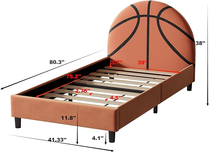 Basketball Design Twin Bed Frame for Kids,Sports Theme Upholstered Platform Bed with Headboard,Velvet Twin Size Bed Frame for Boys & Girls,Teens,Orange - LeafyLoom