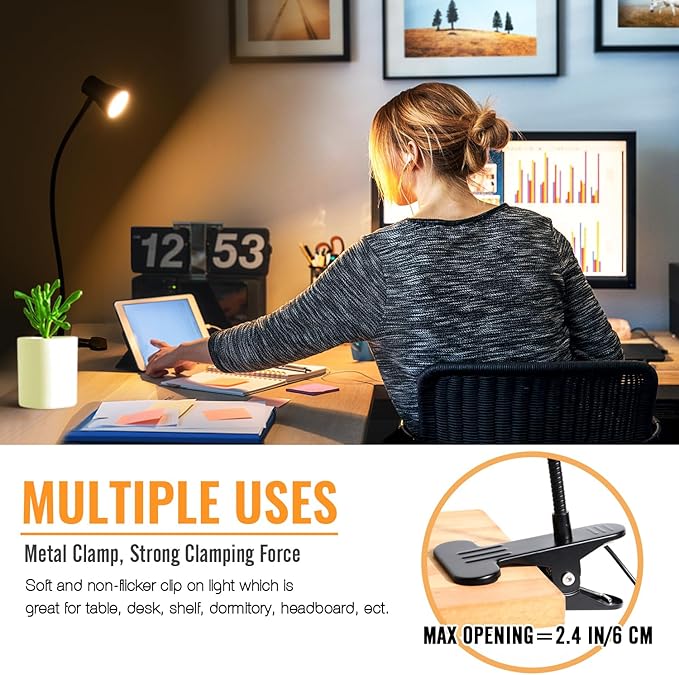 Clip Desk Lamp, USB Reading Light, Flexible Neck Led Clamp Light with 3 Color Temperature Options, 10 Dimmable Brightness Levels for Working, Studying (8W) - LeafyLoom