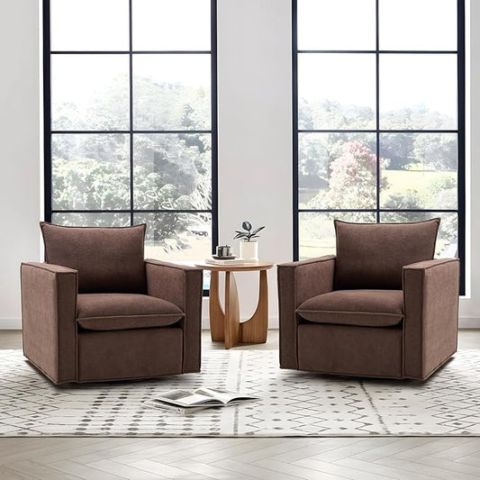 COLAMY Swivel Accent Chair Set of 2, 34inches Wide Upholstered Arm Chair with Plump Back Pillow, Modern Sofa Living Room Chair for Bedroom, Corner, Reading Nook-Brown - LeafyLoom