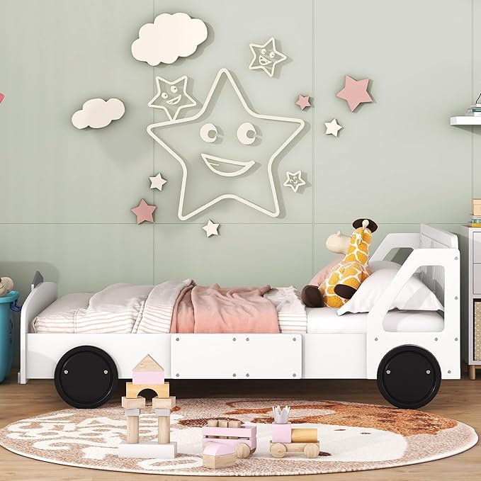 Full Size Car-Shaped Bed Frame for Kids,Wooden Platform Bed with Wheels and Side Rails for for Boys Girls,Wood Slat Supports,No Box Spring Needed,White - LeafyLoom