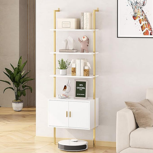 Gadroad Ladder Bookshef with Cabinet, Wall Mounted Bookcases, 5 Tier Tall Open Display Rack, 73" Metal Industrial Bookshelf, Storage Shelves for Livingroom, Home Office, Gold - LeafyLoom