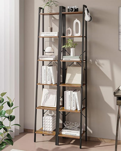 Ladder Shelf, Bookshelf Bookcase, Freestanding Corner Storage Shelve with 2 Hooks for Home Office, Living Room, Kitchen, Bedroom, Industrial, 6-Tier Rustic Brown BC13301B - LeafyLoom