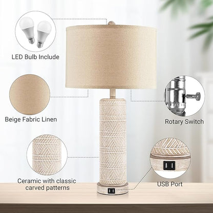 Set of 2 Contemporary Table Lamp, Ceramic Bedside Lamps with 3 Color Temperature, 27.5'' Nightstand Lamp Sets with USB Ports Linen Fabric Shade End Table Lamps for Living Room Bedroom, Bulb Included - LeafyLoom