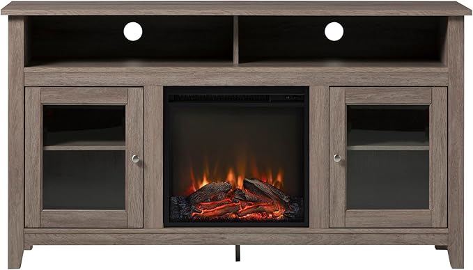 Walker Edison Glenwood Rustic Farmhouse Glass Door Highboy Fireplace TV Stand for TVs up to 65 Inches, 58 Inch, Driftwood - LeafyLoom