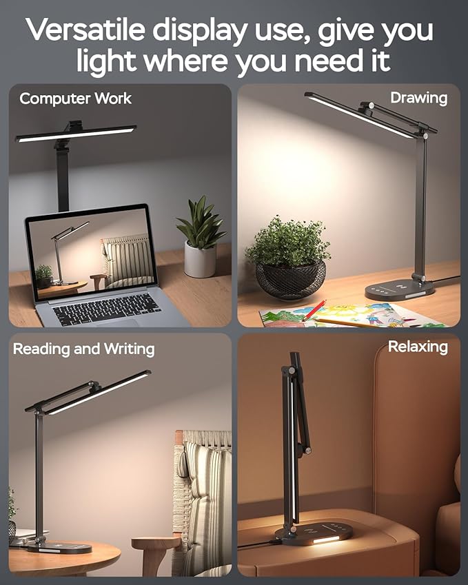 XREY LED Desk Lamp with Wireless Charger, USB Charging Port, Desk Lamp Touch Control Dimmable with 5 Color Modes & 5 Brightness, Eye Caring Desk Lamp, 2 Night Lights (Black) - LeafyLoom