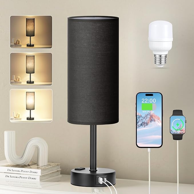 Black Bedroom Lamp for Nightstand - 3 Way Dimmable Bedside Lamp USB C A Charging Ports and AC Outlet, Small Table Lamp Black Base for Living Room, Office Desk, LED Bulb Included - LeafyLoom