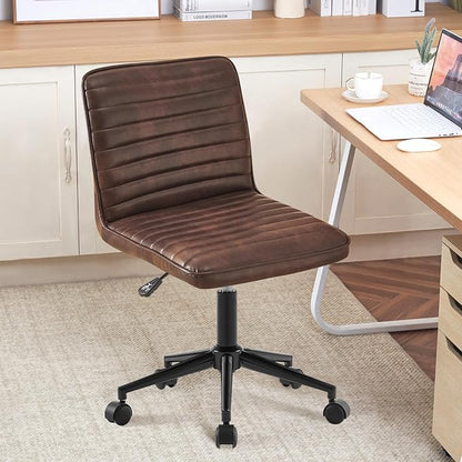 Furniliving Leather Home Office Chair, Armless Vanity Desk Task Chair with Wheels 360° Swivel Computer Rolling Desk Chair with Back, Adjustable Accent Chair with Base Stool - LeafyLoom