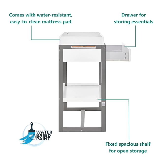 av2023-Dream nontoxic strap-3b688703 Arlo Changing Table, Made of Solid New Zealand Pinewood, Non-Toxic Finish, Comes with Water Resistant Mattress Pad & Safety Strap, Steel Grey And White - LeafyLoom