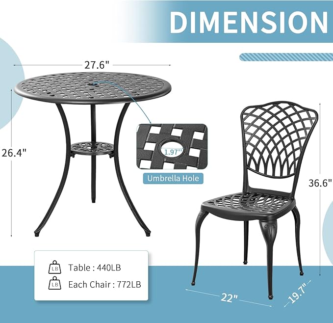 3 Piece Bistro Table Set Anti-Rust Outdoor Bistro Set Cast Alumiunm Patio Table and Chairs Set for 2, Patio Bistro Set Furniture Black - LeafyLoom