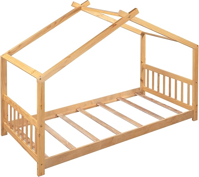 Montessori Floor Bed Frame Twin Size, Twin Floor Bed with Headboard and Footboard, Low House Bed for Girls, Kids, Boys, No Box Spring Needed, Natural Montessori Bed Twin Size - LeafyLoom