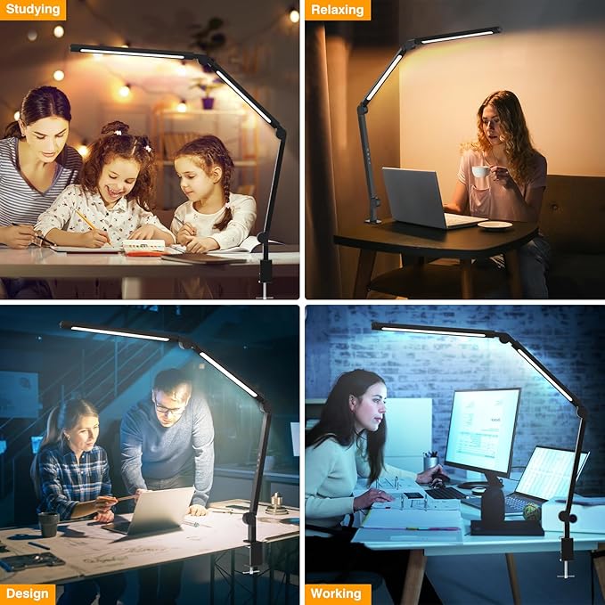 LED Desk Lamp with Clip, Multi-Angle Flexible 3-Segment 2-Light Source Office Desk Lamp, Clip-on Eye-Care 4 Color Temperature Modes&5 Brightness, Table Lamp for Home Office Studio Study Nail - LeafyLoom