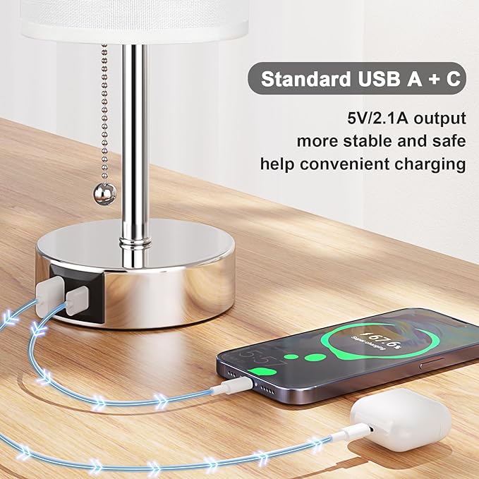 White Table Lamp for Bedroom Nightstand - Small Lamp with USB A + C Charging Port, 3 Color Temperatures Pull Chain Night Stand Light, Silver Base Desk Reading Lamp for Living Room - LeafyLoom