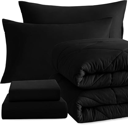 NTBAY Twin Comforter Set with Sheets, 5 Pieces Soft and Breathable Twin Bedding Set, Twin Bed in a Bag, Down Alternative Comforter Set Solid Color All Season, Kids Bedding Set, Black - LeafyLoom