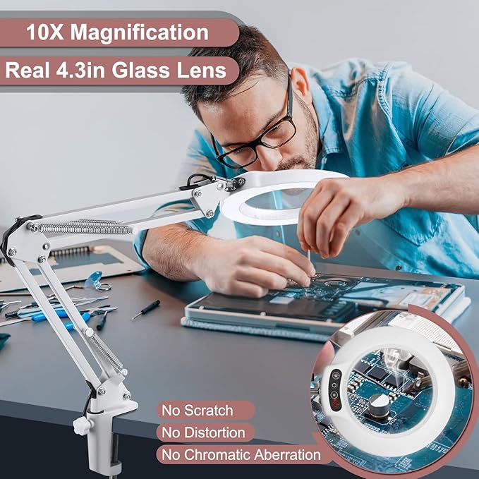 Veemagni 10X Magnifying Glass with Light with Clamp, 5 Color Modes Stepless Dimmable, Adjustable Swing Arm LED Lighted Desk Lamp, Hands Free Magnifier with Light and Stand for Craft Hobby Close Works - LeafyLoom