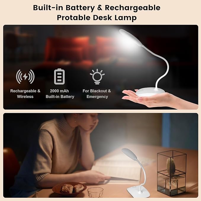 Battery Powered Desk Lamp, Portable Lamps Rechargeable 3 Color Modes Touch Control Stepless Dimming, Wireless Desk Lamp with 2000mAh, Small LED Table Light for Dorm Study Office Bedroom - LeafyLoom