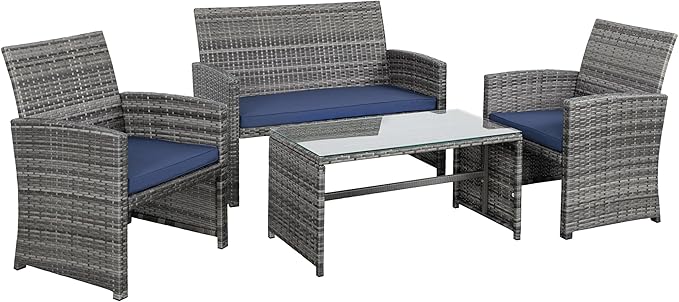 Shintenchi 4-Piece Outdoor Gray Wicker Patio Conversation Furniture Set, Rattan Patio Furniture Set with Weather Resistant Cushions and Tempered Glass Tabletop,Navy Blue - LeafyLoom