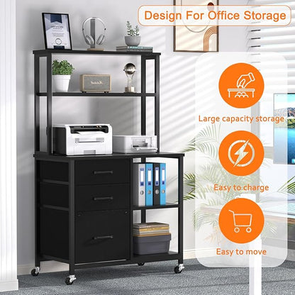 File Cabinet with Drawers and Shelves,Mobile Printer Stand with Storage,Black Filing Cabinet with Wheels for Home Office - LeafyLoom