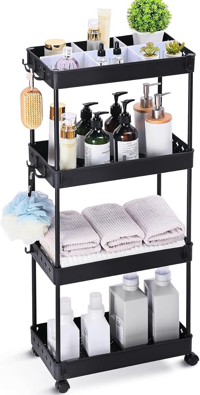 TOOLF 4 Tier Utility Cart with Wheels, Rolling Cart with Adjustable Divider & Hooks, Cart Organizer for Diaper Craft Snack, Narrow Storage Cart for Laundry Bedroom Bathroom Kitchen, Black - LeafyLoom