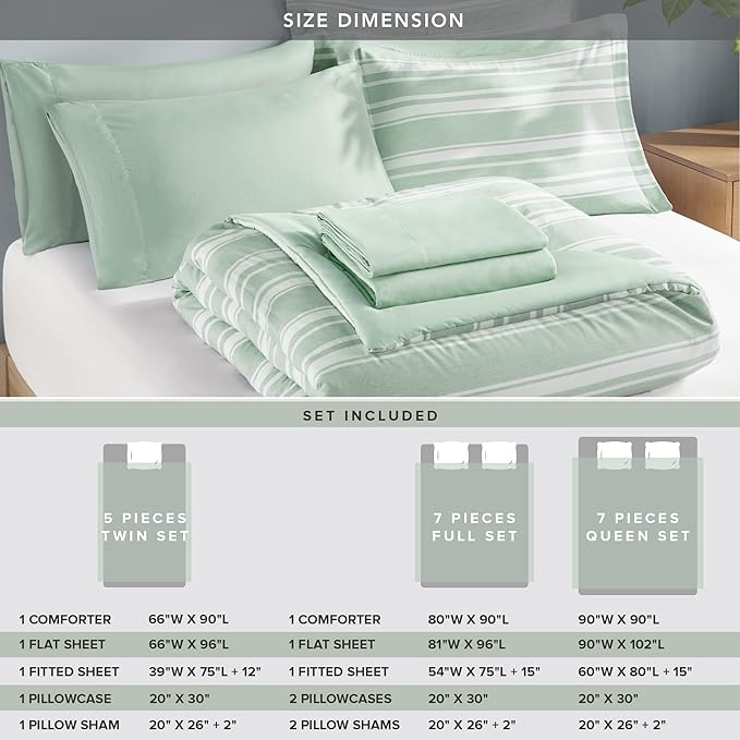 Codi Bed in a Bag Twin Size Complete Set, Sage Green White Striped Single Comforter Set 5 Piece for Teen, Modern Neutral Cationic Dyeing Bed Sets with Comforter, Sheets, Pillowcases & Shams - LeafyLoom