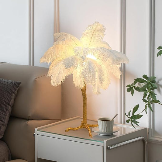 White Bedside Lamp Ostrich Feather Desk Lamp Gold Resin Ostrich Feather Table Lamp, Girls Gift Romantic Wedding Decoration Palm Tree Lamps G4*3 - LeafyLoom