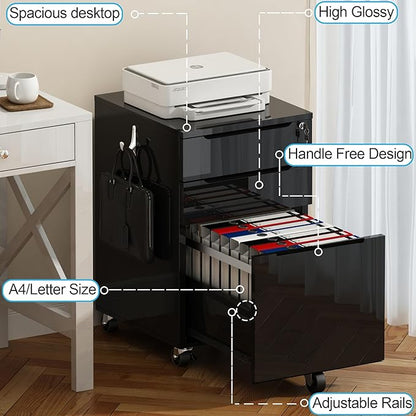 ChooChoo High Glossy File Cabinet with Lock,3 Drawer Rolling Filing Cabinet Fits Legal Size/A4/Letter, Under Desk File Cabinet with Hook for Home Office, Black - LeafyLoom