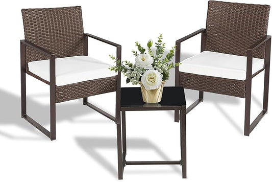 3 Pieces Patio Furniture Set Outdoor Wicker Bistro set Rattan Chair Conversation Sets with Coffee Table for Porch, Balcony,Garden,Backyard and Removable Cushions Beige - LeafyLoom