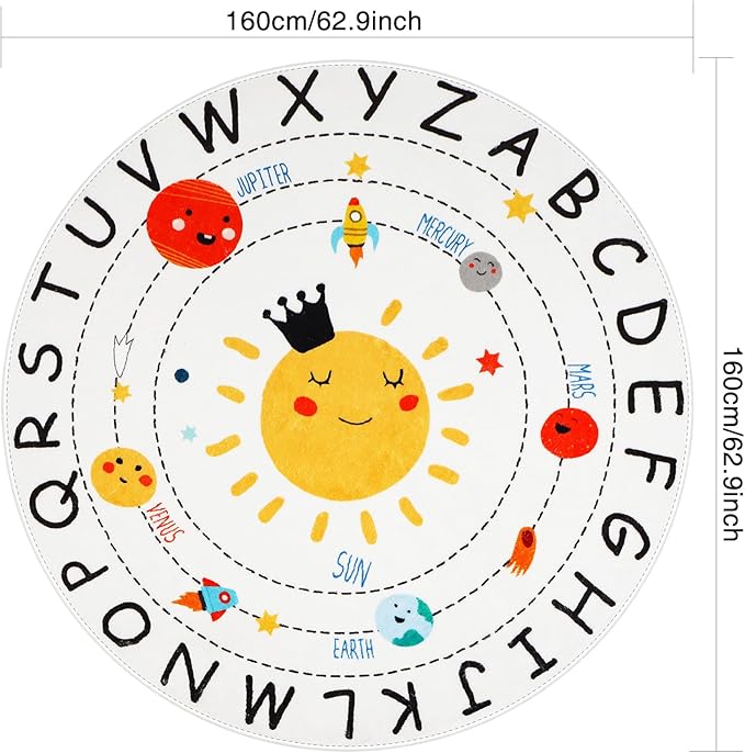 ABC Kids Rug,5.2 ft Washable Nursery Rug,Soft Plush Educational Circle Rug,Non-Slip Solar System Alphabet Rug for Classroom playroom Bedroom Kids Room Decor - LeafyLoom