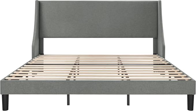 Allewie King Size Bed Frame, Platform Bed Frame with Upholstered Headboard, Modern Deluxe Wingback, Wood Slat Support, Mattress Foundation, Light Grey - LeafyLoom