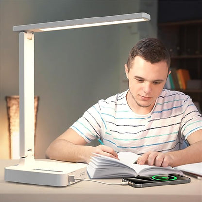 cozoo LED Desk Lamp with USB Charging Ports and Type C Port,2 AC Outlets,9 Lighting Modes,Touch/Memory/Timer Function,10W Eye Protection Foldable Reading Light,Study Lamp,Dorm Essentials Desk Light - LeafyLoom