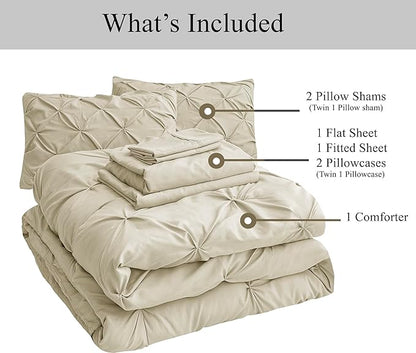 LANE LINEN Twin Comforter Set, 5 Piece Twin Size Bed in a Bag Sets, Pintuck Bedding Sets & Collections with Down Alternative Comforter, Sheets, Pillowcases & Shams, Ultra Soft Twin Bed Set - Linen - LeafyLoom