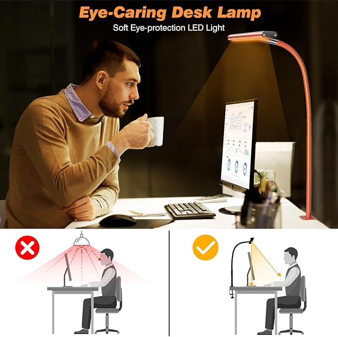 LED Desk Lamp for Office Home, Eye-Caring Desk Light with Stepless Dimming Adjustable Flexible Gooseneck, 10W USB Adapter Desk Lamp with Clamp for Reading, Study, Workbench (Red) - LeafyLoom