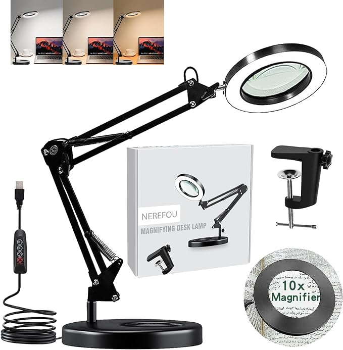 Magnifying Glass with Light and Stand, 10X Magnifying Lamp, 2-in-1 Magnifying Desk Lamp with Clamp, 3 Color Mode, Magnifying Glasses with Light for Close Work (1st Generation Base ＆ Clamp) - LeafyLoom