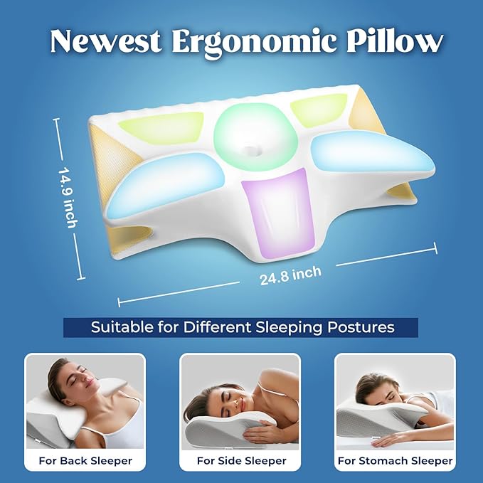 Cervical Pillow for Neck Pain Relief, Cooling Contour Memory Foam Pillows Support Odorless Ergonomic Neck Pillow Adjustable Orthopedic Bed Pillow for Side Back Stomach Sleeper with Pillowcase - LeafyLoom