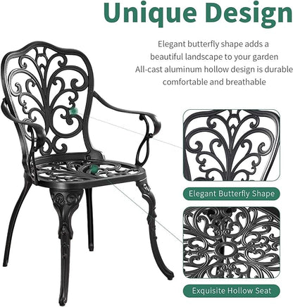 Bistro Table and Chairs Set of 2 with Umbrella Hole,Cast Aluminum Patio Bistro Sets 3 Piece,Outdoor Bistro Table Set,Patio Furniture Set for Front Porch Set,Garden(Butterfly Black) - LeafyLoom