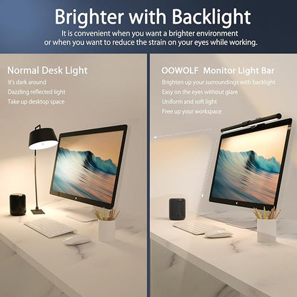 OOWOLF Monitor Light Bar (Pack of 2) Screen Light Bar,CRI≥95 Desk Lamp for Eye-Caring,No Glare,Dual Light,Filter Blue-Light,3-Color Mode,Memory Dimming,e-Reading Task Lamp,Computer Light for Desk - LeafyLoom