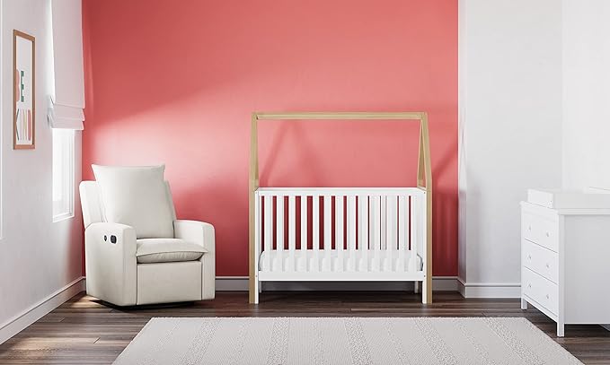 Storkcraft Orchard 5-in-1 Convertible Crib (White with Driftwood) – GREENGUARD Gold Certified, Canopy Style Baby Crib, Converts from Crib to Toddler Bed, Daybed and Full-Size Bed - LeafyLoom