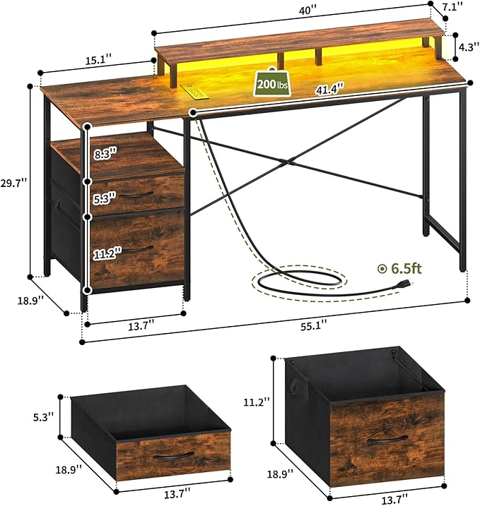 Yoobure Computer Desk, Office Desk with LED Lights & Power Outlets, Gaming Desk with Fabric File Cabinet, 55.1" Home Office Desks， Writing Desk with Drawers, Computer Table with Long Monitor Stand - LeafyLoom