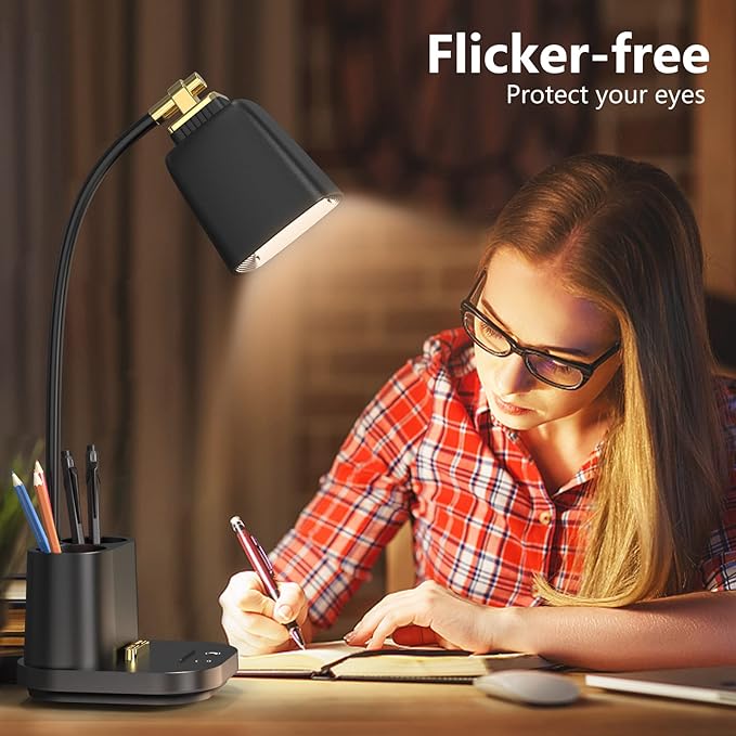 LED Desk Lamp with USB Charging Port Touch control 3 Color Modes, Stepless Dimming, Home office Desk Lamp, LED Small Desk Lamp in University Dormitory, Study Desk Lamp, Gooseneck Lamp - LeafyLoom