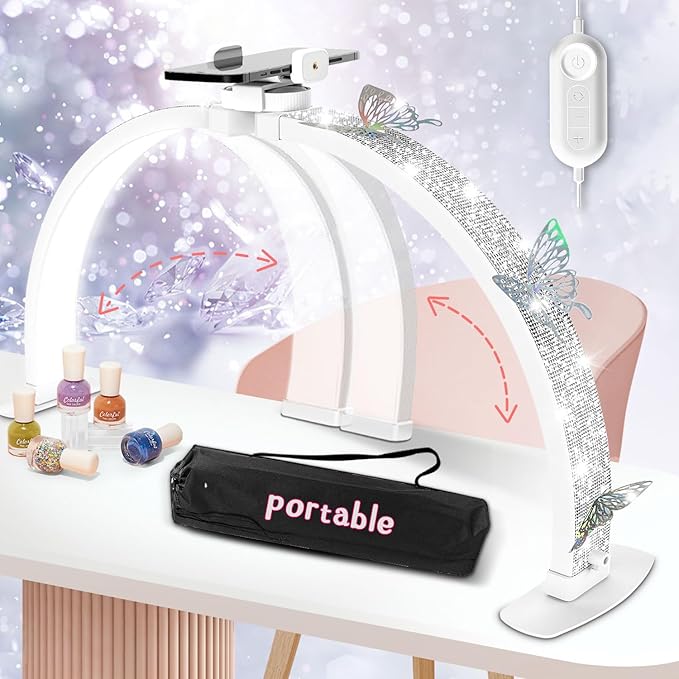 Half Moon Light for Nail Desk, Foldable 29" Nail Light for Desk, 180° Ultra-bright Nail Tech Desk Lamp, Portable Half Moon Lamp with Phone Holder & Organizer Bag - Sliver Diamond - LeafyLoom