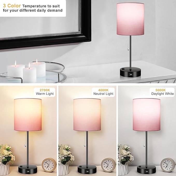 WIHTU 3 Color Temperature Bedside Table Lamps Set of 2, Modern Small Lamp with USB and Outlet, Bedroom Lamp for Nightstand with Chain Switch, Pink Desk Lamp for Living Room, Two Bulbs Included - LeafyLoom