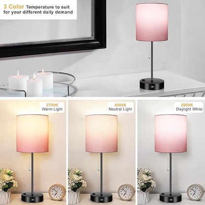 WIHTU 3 Color Temperature Bedside Table Lamps Set of 2, Modern Small Lamp with USB and Outlet, Bedroom Lamp for Nightstand with Chain Switch, Pink Desk Lamp for Living Room, Two Bulbs Included - LeafyLoom